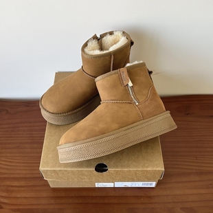 河南桑坡村羊皮毛一体真皮羊毛防泼水易打理拉链厚底雪地靴女短筒