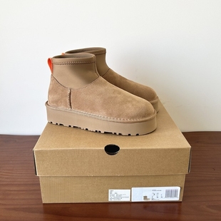 河南桑坡村羊皮毛一体真皮纯羊毛松糕厚底弹力布雪地靴女短筒短靴