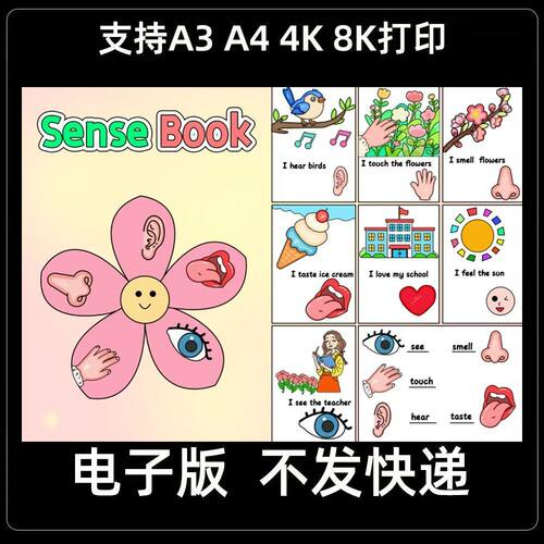sense book三年级下册英语自制感官书电子版五感书英文线稿手抄报