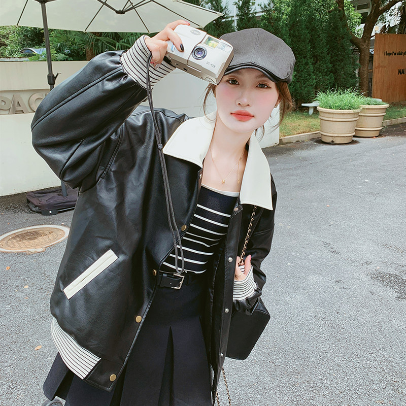黑色炸街小个子皮衣外套女2025春新款韩版宽松时尚减龄棒球服夹克,女装皮衣,浙宝256