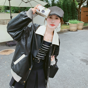 黑色炸街小个子皮衣外套女2025春新款韩版宽松时尚减龄棒球服夹克图片