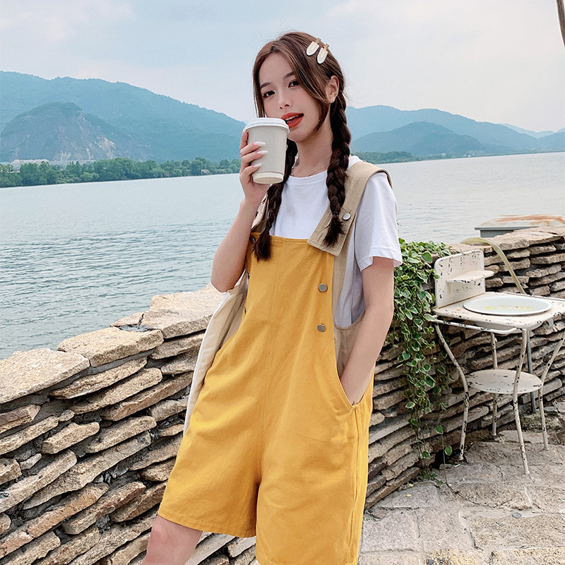 已现货2023夏新款拼色背带裤短裤宽松棉X379-P105-控158,女装休闲裤,浙宝256