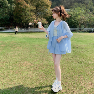 防晒服套装女2025年夏季新款简约纯色薄款宽松短裤防晒休闲两件套图片