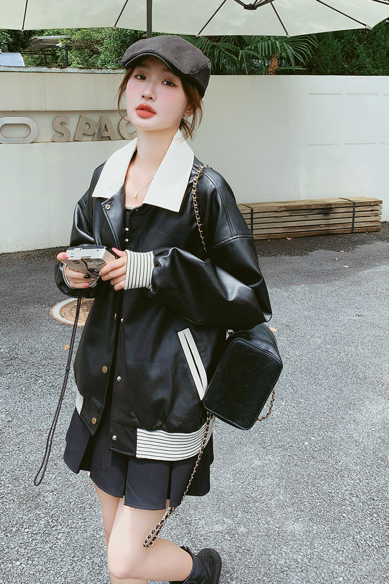 黑色炸街小个子皮衣外套女2025春新款韩版宽松时尚减龄棒球服夹克,女装皮衣,浙宝256