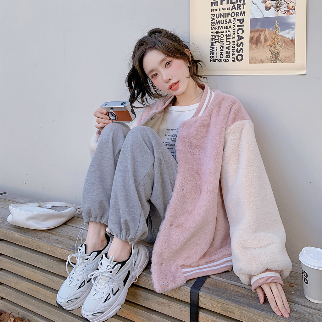 档口现货2023冬粉色兔毛外套棒球服D721-P145-控228,女装棉衣/棉服,浙宝256