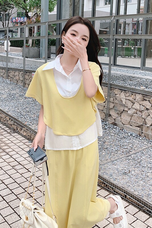 现货2023夏新款假两件套衬衫裙套装有弹性X383-P135-控188,女装套装/套裙,浙宝256