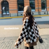 韩系设计感棋盘格拼接羊羔毛外套女冬季新款西装领格纹棉衣加厚潮，女装棉衣/棉服，浙宝256