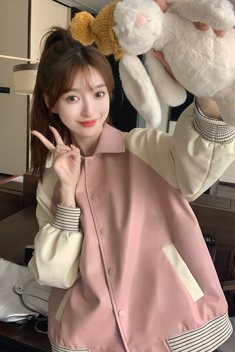 【档口现货】新增粉色2023秋皮衣短外套棒球服C160-P130-控188,女装短外套,浙宝256