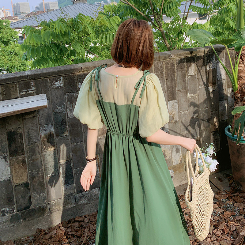 已现货2023夏拼接假两件绿色连衣裙X357-P105-控158,女装连衣裙,浙宝256