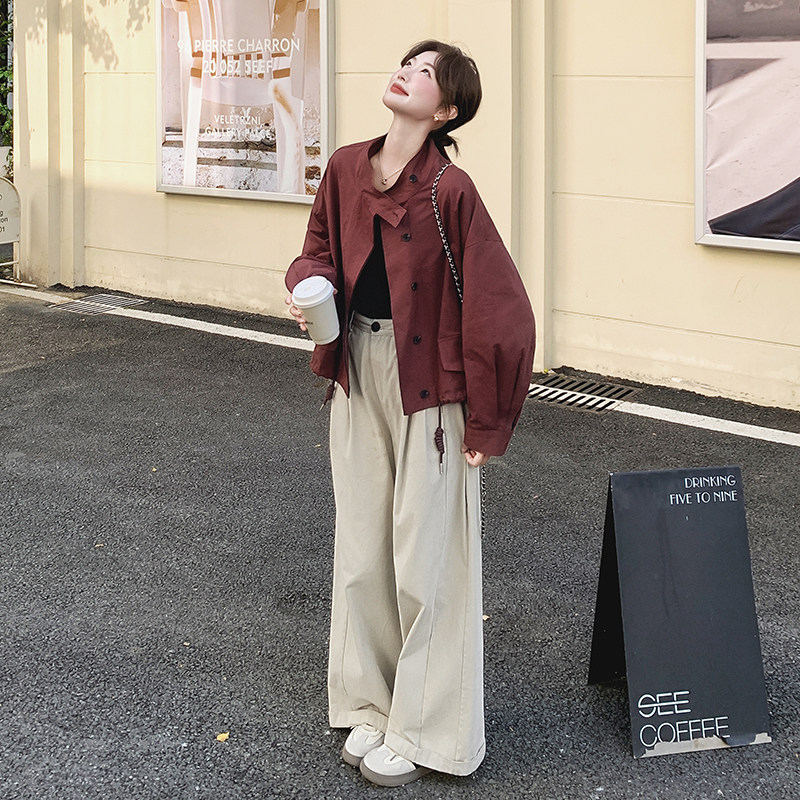 酒红色可盐可甜减龄立领夹克女秋2025新款小个子休闲显瘦风衣外套,女装短外套,浙宝256