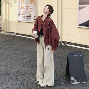 酒红色可盐可甜减龄立领夹克女秋2025新款小个子休闲显瘦风衣外套图片