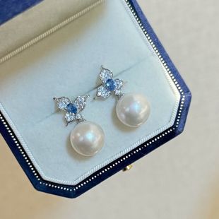 新品蓝宝色三叶草耳钉,11-12mm正圆微瑕天然爱迪生淡水珍珠