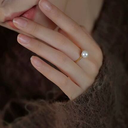 浙江诸暨通体s925纯银素圈戒指6-7MM天然淡水真珍珠开口可调节