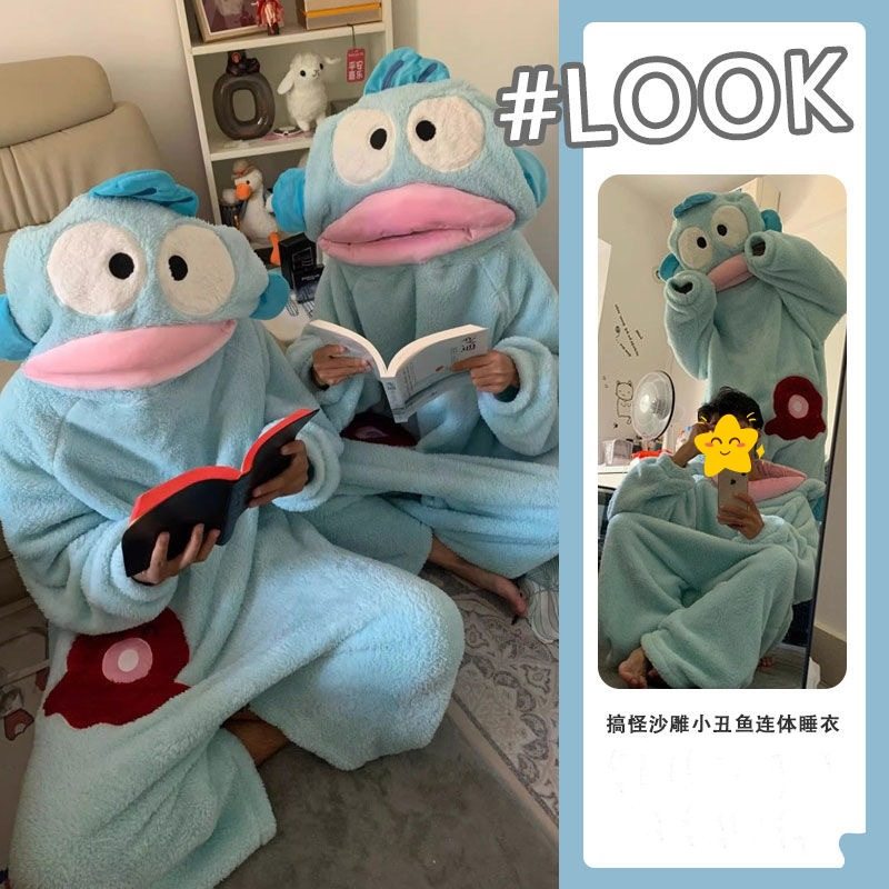 可爱丑鱼汉顿搞怪连体情侣睡衣男女冬季沙雕加厚珊瑚绒卡通家居服