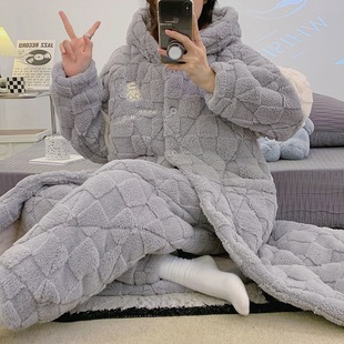 睡衣女冬季夹棉三层加厚保暖棉袄口袋可爱甜美可外穿家居服睡袍