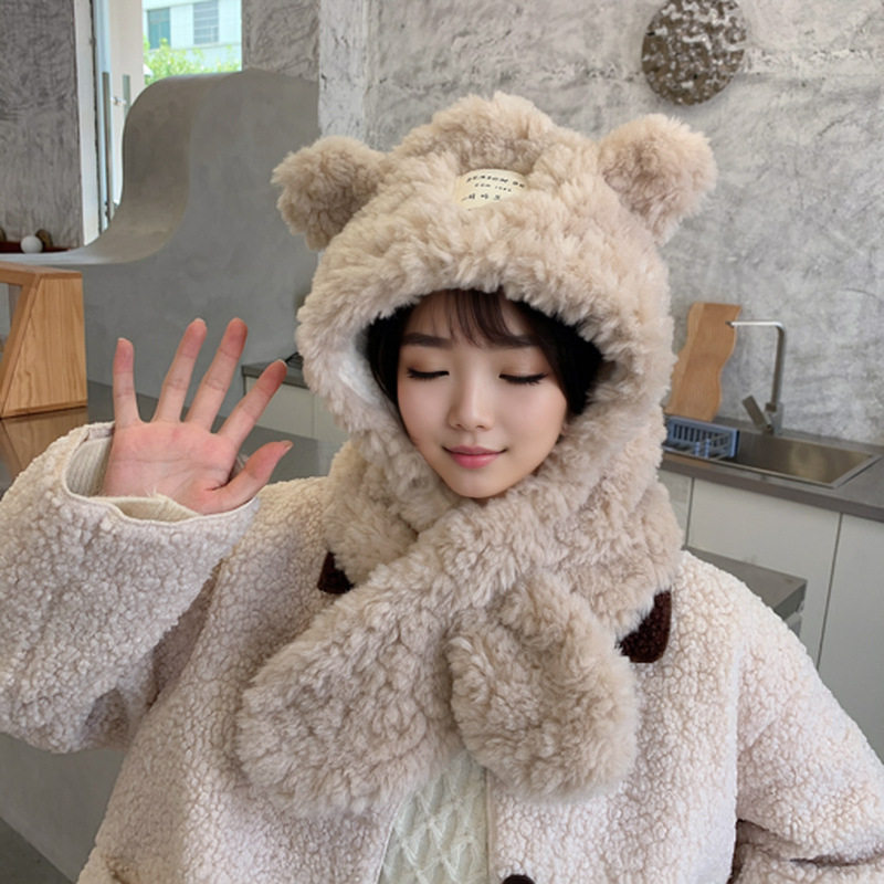 秋冬季韩版小熊帽子围巾一体女生可爱保暖冬天毛绒围脖套头护耳朵