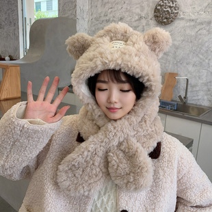 秋冬季韩版小熊帽子围巾一体女生可爱保暖冬天毛绒围脖套头护耳朵