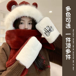 帽子女秋冬围巾手套一体连帽可爱加绒冬季围脖保暖冬天毛绒三件套