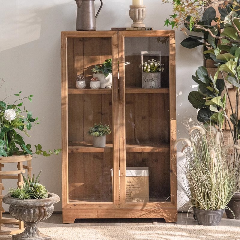 美式实木酒柜家用客厅陈列柜展示柜玻璃门落地多层复古老松木书柜