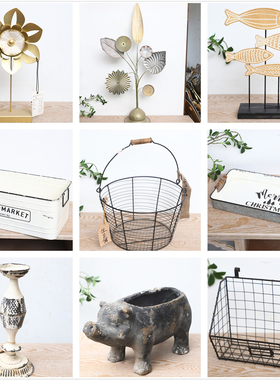 孤品集合--设计师款复古家居庭院装饰工艺品铁艺木质园艺杂货摆件