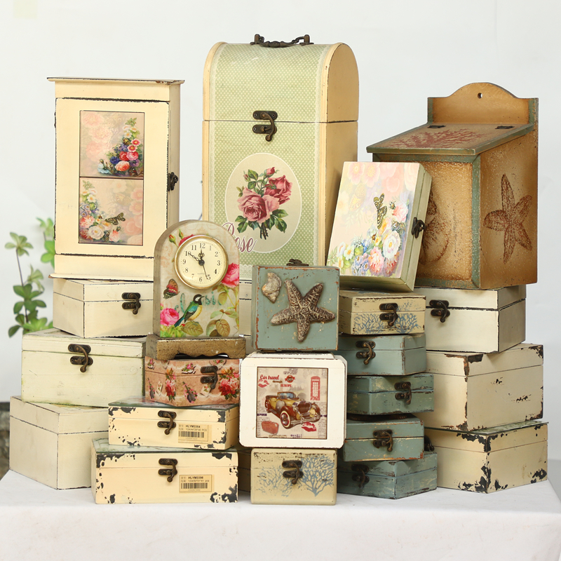 孤品集合--欧美复古橱窗装饰收纳木质皮面储物盒饰品盒茶杯垫摆件