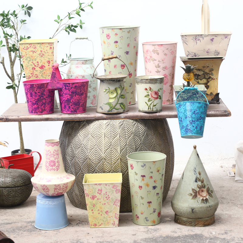 孤品大集合--法式乡村风家居装饰品铁艺做旧手绘花卉园艺贴花花器