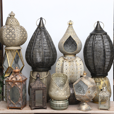 摩洛哥风格复古铁艺烛台灯笼灯罩仿铜仿古篓空雕花工艺品挂件摆件
