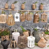 孤品集合 乡村风手工竹木藤编收纳筐复古工艺品编织灯笼烛台 美式