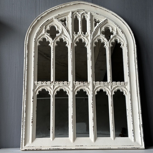 法式 拱形罗马柱雕花壁挂镜子 家具摩洛哥复古做旧实木宫廷教堂风格