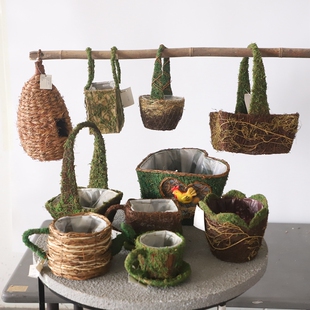 孤品集合--大自然理念设计庭院装饰手工编织苔藓藤草鸟窝花盆花器