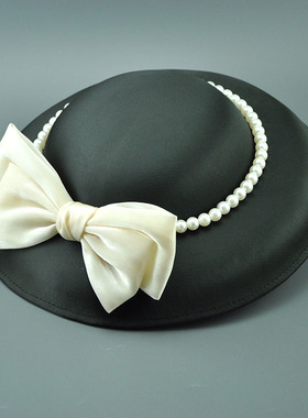 法式白色复古赫本风缎面大礼帽女晚宴英伦夜上海旗袍礼服帽子头饰