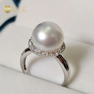 进口澳白天然海水珍珠戒指18k金镶钻石南洋白珠正圆强光奢华高贵