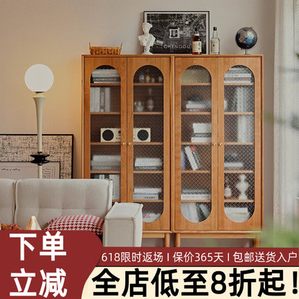 北欧实木书柜樱桃木带玻璃门书橱书房书架日式储物柜收纳柜展示柜