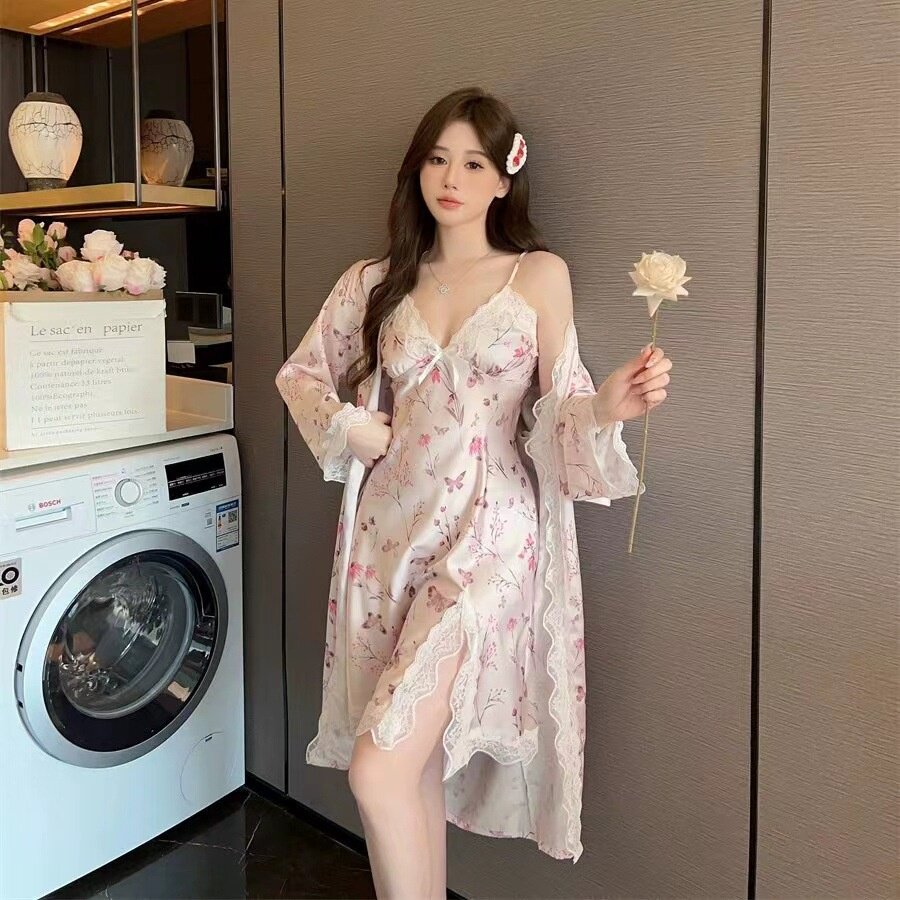 春夏冰丝蕾丝睡袍睡裙女两件套