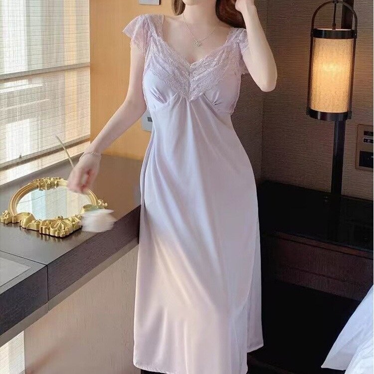 新款睡衣女夏季冰丝性感蕾丝纯欲风胸垫中裙睡裙纯欲家居服浅紫色