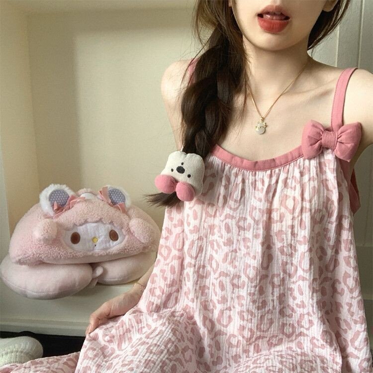 2026新款甜美粉色豹纹吊带连衣裙夏季高品质睡裙家居服可外穿