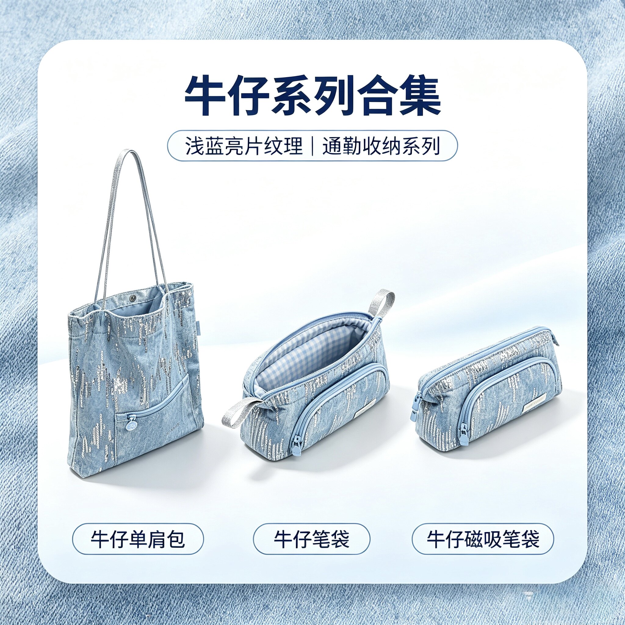 988牛仔笔袋990单肩包亮片手提包文具笔袋
