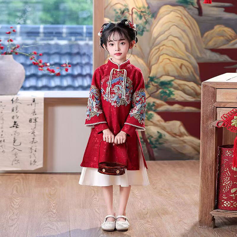 女童旗袍春秋季新中式红色长袖汉服连衣裙女孩中国风古装唐装礼服