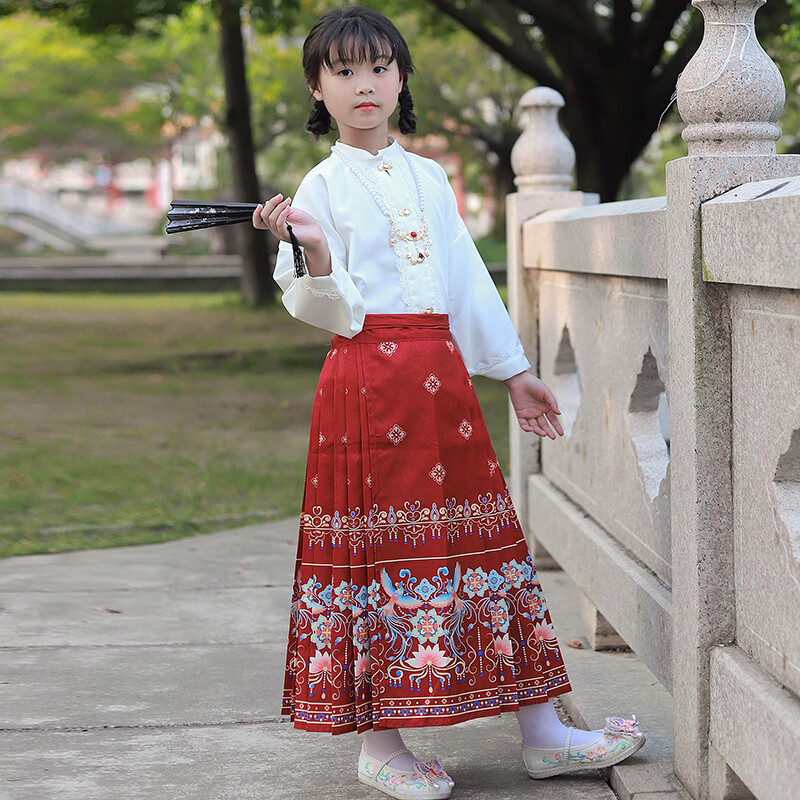 儿童马面裙套装女童春秋长袖汉元素印花裙子两件套女孩汉服套装