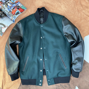 秋冬新款 休闲短外套 头层牛皮拼接羊毛呢棒球服真皮拼接皮夹克男士