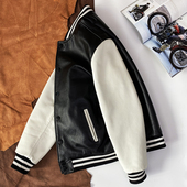 秋冬柔软头层小牛皮棒球服真皮皮衣黑白撞色皮夹克男士 休闲外套潮