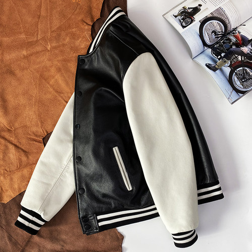 撞色头层小牛皮立领皮衣