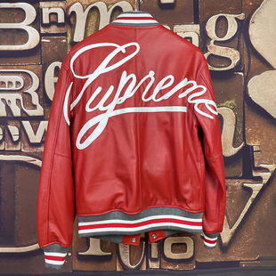 秋冬红色真皮皮衣男进口头层小牛皮休闲棒球服刺绣皮夹克机车外套