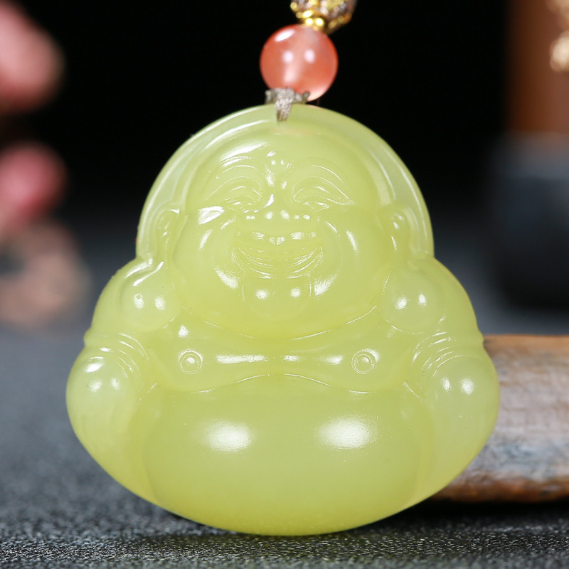 正品天然大师谭琪俊鸡油黄新疆和田玉黄玉笑佛弥勒佛挂件吊坠19.6