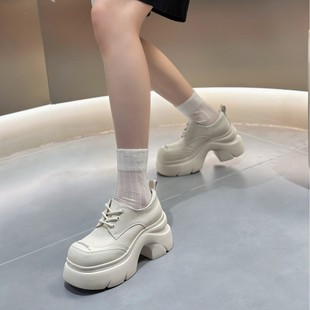 黑色松糕厚底小皮鞋 小个子单鞋 女秋冬新款 9cm粗跟乐福鞋