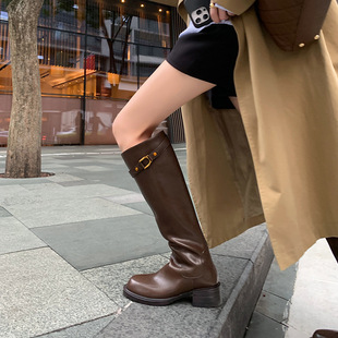 牛皮版 粗跟英伦风不过膝全拉链骑士靴高跟长筒靴显瘦高筒靴秋冬