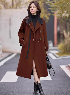 女式毛呢外套秋冬季新款女装撞色翻领加长款双面羊毛呢大衣OU6771