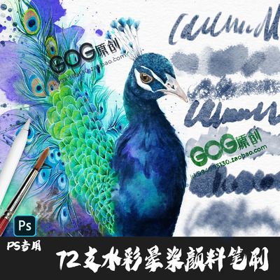 PS笔刷 72支逼真复古水彩纹理手绘画晕染颜料插图Watercolour画笔