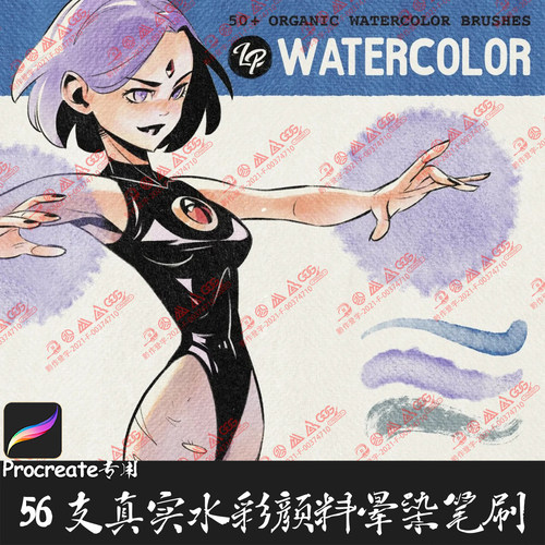 Procreate笔刷 53支真实水彩颜料晕染纸张纹理双色HB勾线毛笔画笔