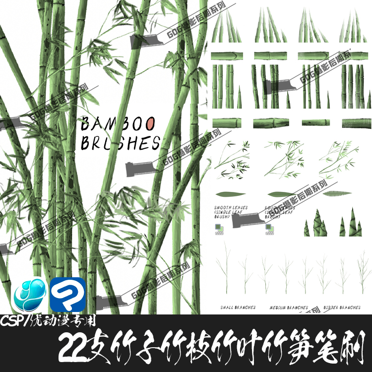 ClipStudioPaint笔刷竹子竹叶梅茶花松树玫瑰花CSP优动漫画笔C804